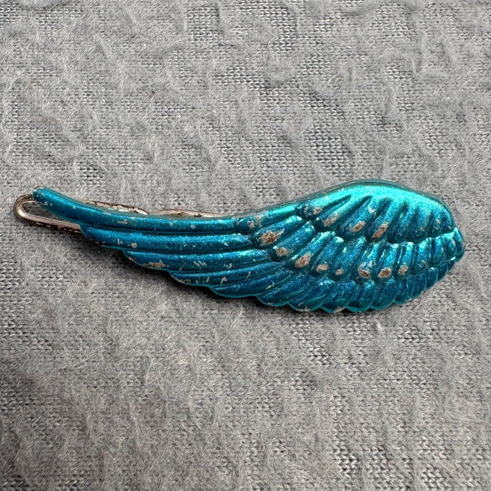 Vintage Teal Blue Angel Wing Hair Clip Metallic Feather Bobby Pin Accessory